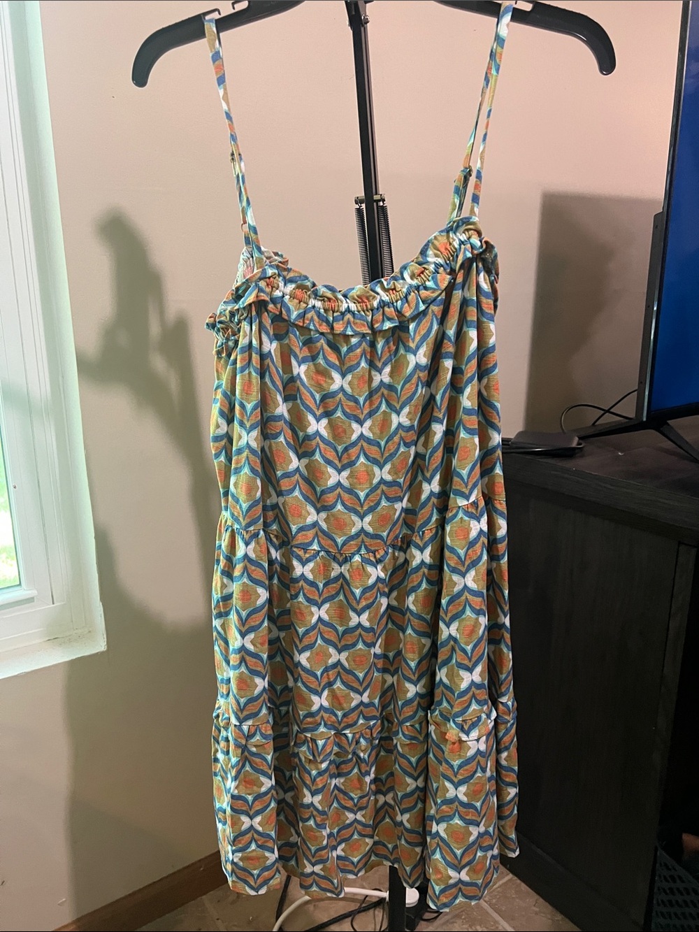 a.n.a Multi-Color Geometric Print Top in Blue, Green, Orange 2281